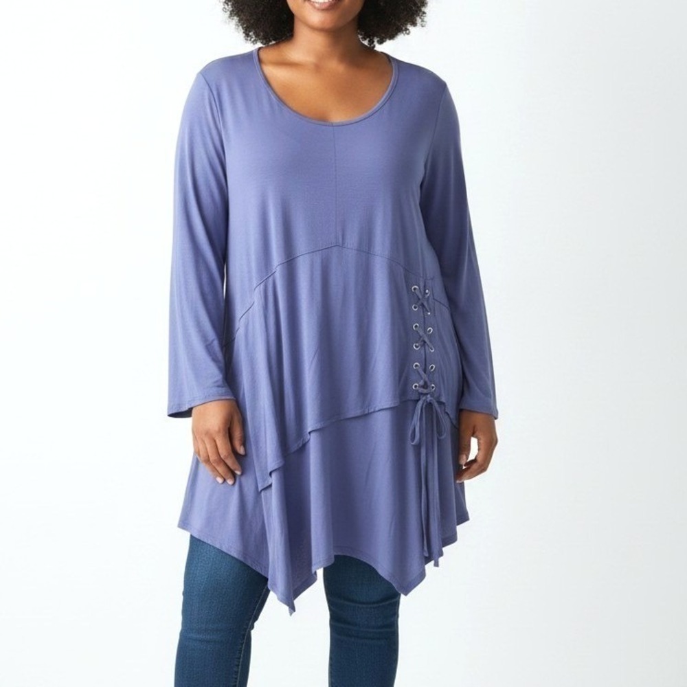 Pyramid Collection Periwinkle Blue Lace Up Handkerchief Hem Tunic Top Womens 2X